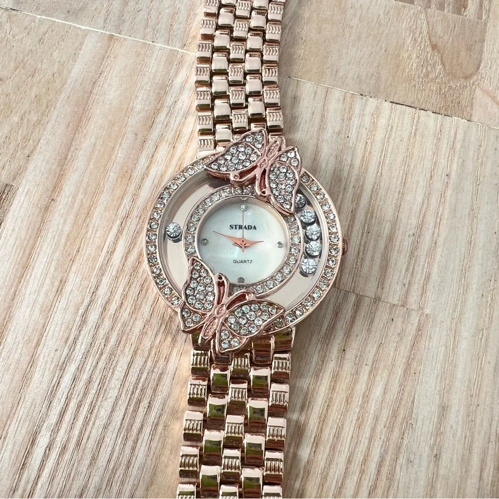 Strada ladies rose gold tone butterfly fashion watch NEW BATTERY
